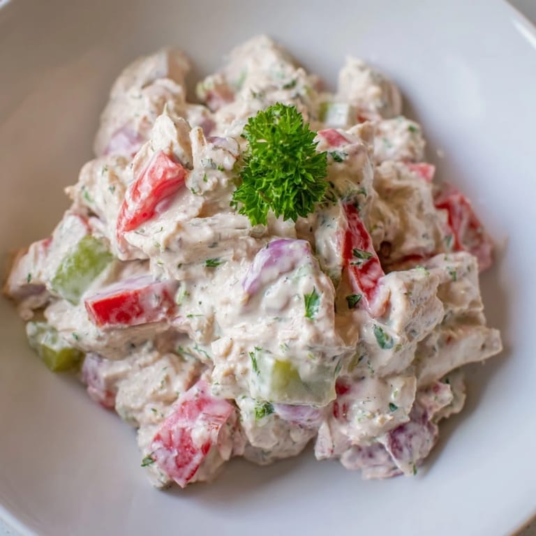 Freshly made canned chicken salad with Mrs. Dash, featuring crunchy celery and bright red peppers.