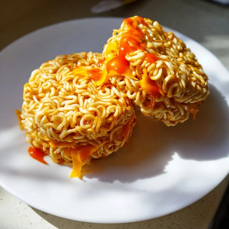 A close-up of a perfectly cooked Instant Ramen Grilled Cheese reveals a gooey cheese filling and crunchy noodles.