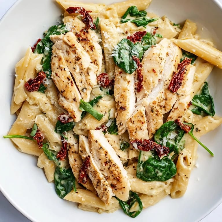 Golden chicken slices atop creamy Creamy Tuscan Chicken Pasta, garnished with fresh herbs and Parmesan.