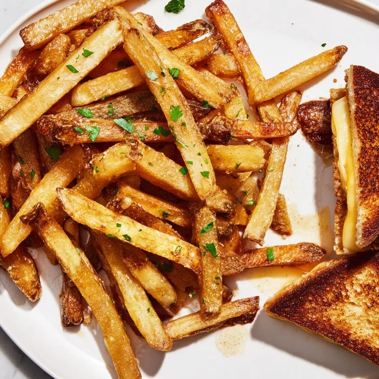 Close-up of golden, ultra-crispy beef tallow french fries beside a perfect grilled cheese sandwich.