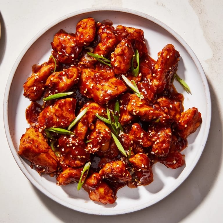 A close-up of tender Sweet and Spicy Sriracha Honey Chicken, garnished and ready for a flavorful bite.