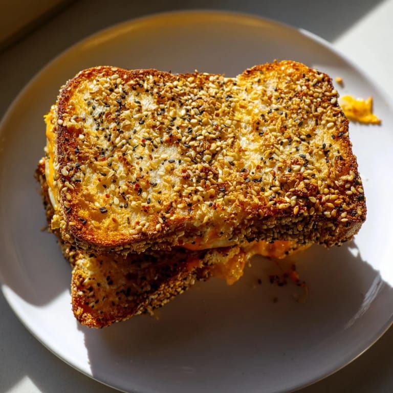 Everything bagel grilled cheese, perfectly grilled with melted cheddar, ready to pair with tomato soup.