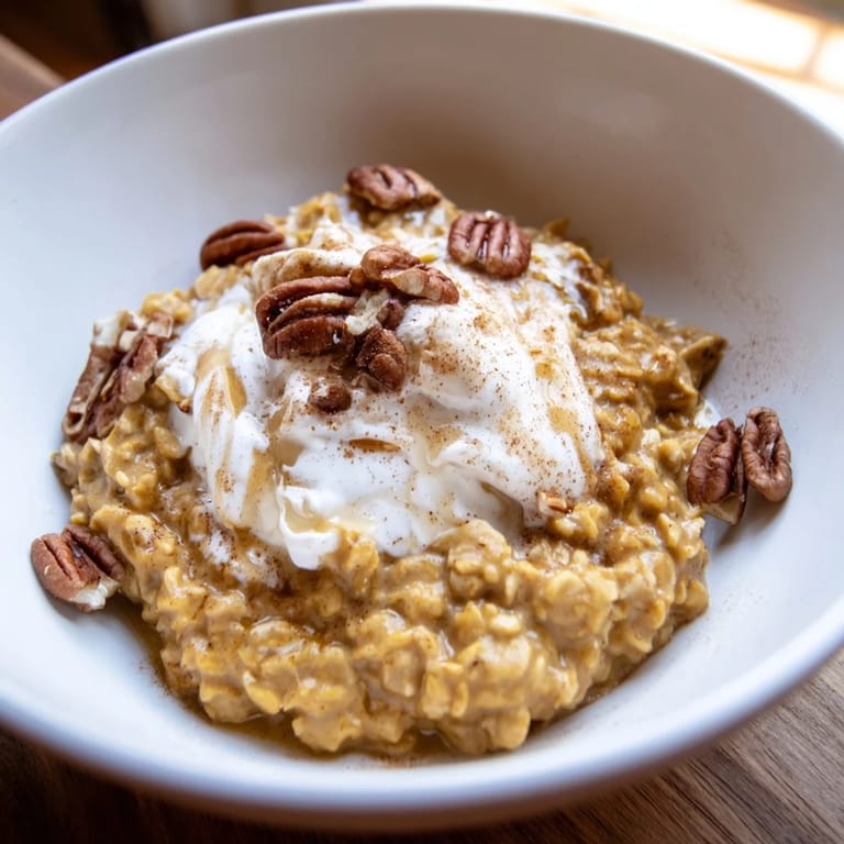 A close-up shot of creamy pumpkin spice latte oats with a dusting of cinnamon and maple syrup.