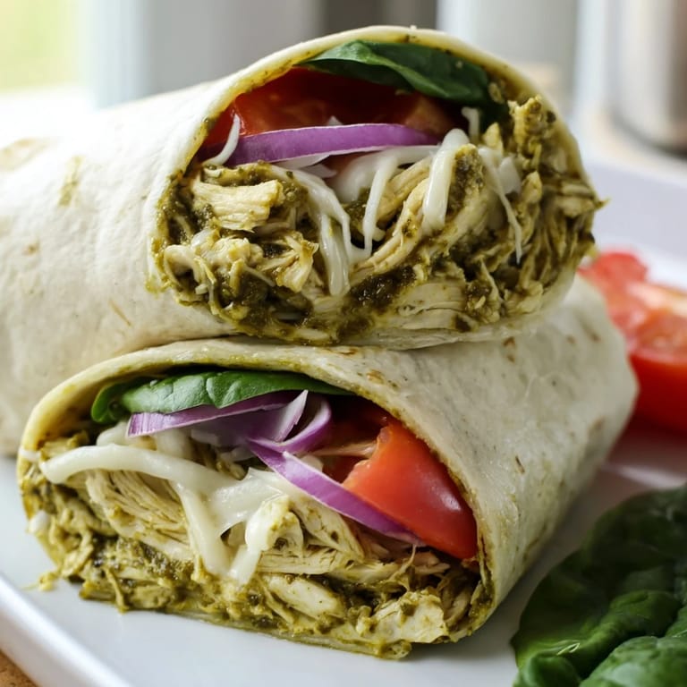 Imagine the textures: a fully assembled Pesto Chicken Wrap, ready to eat, with melted cheese and tender chicken.