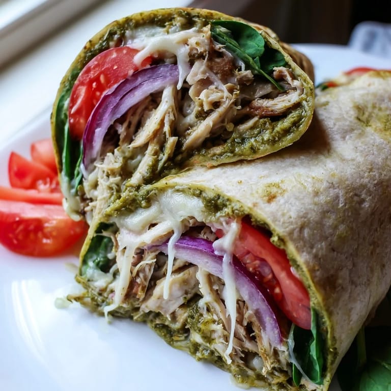 Sliced, ready-to-eat Pesto Chicken Wrap; the hearty Mediterranean flavors bursting from every appetizing bite.