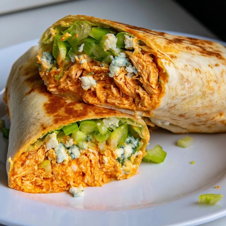 A close-up of delicious Buffalo Chicken Dip Wraps, showcasing the vibrant filling and crisp exterior.