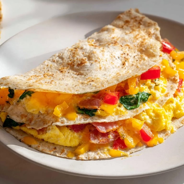 A close-up of a stacked breakfast quesadilla, a quick and delicious morning meal.
