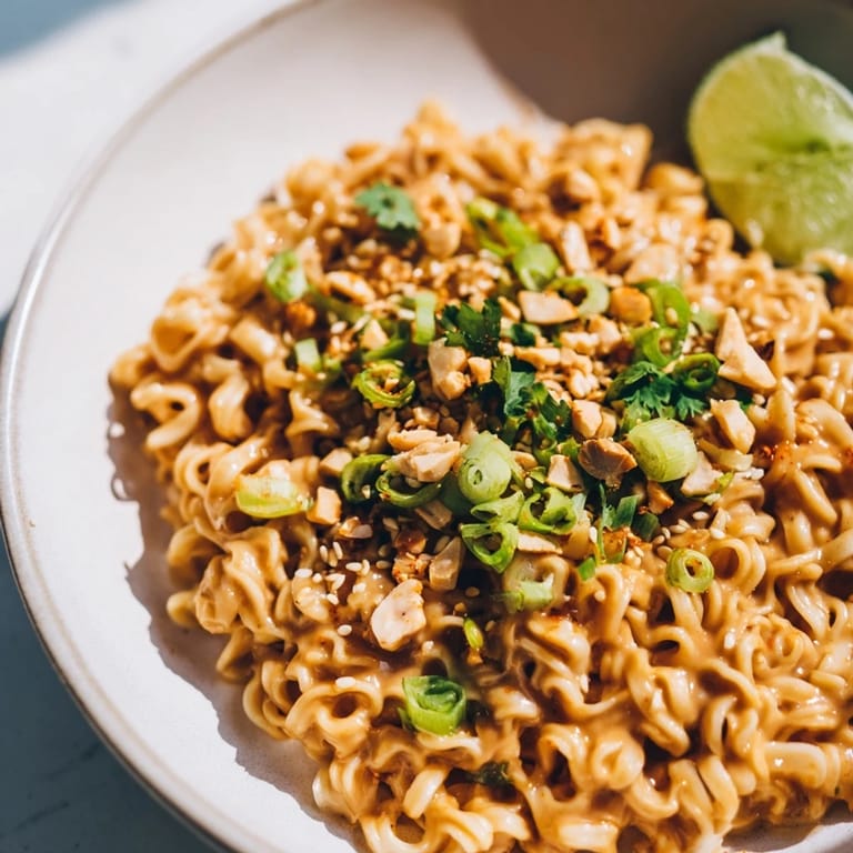 A bowl of savory Instant Peanut Thai Sauce Noodles, perfect for a quick and satisfying vegetarian lunch.