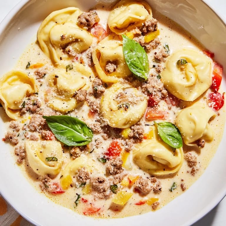 A delicious serving of creamy Tortellini Beef Soup, garnished with Parmesan and fresh basil, inviting you in.