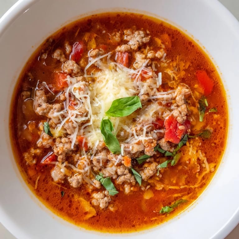 Delicious homemade Pizza Soup with fresh basil garnish, a comforting Italian-American meal.
