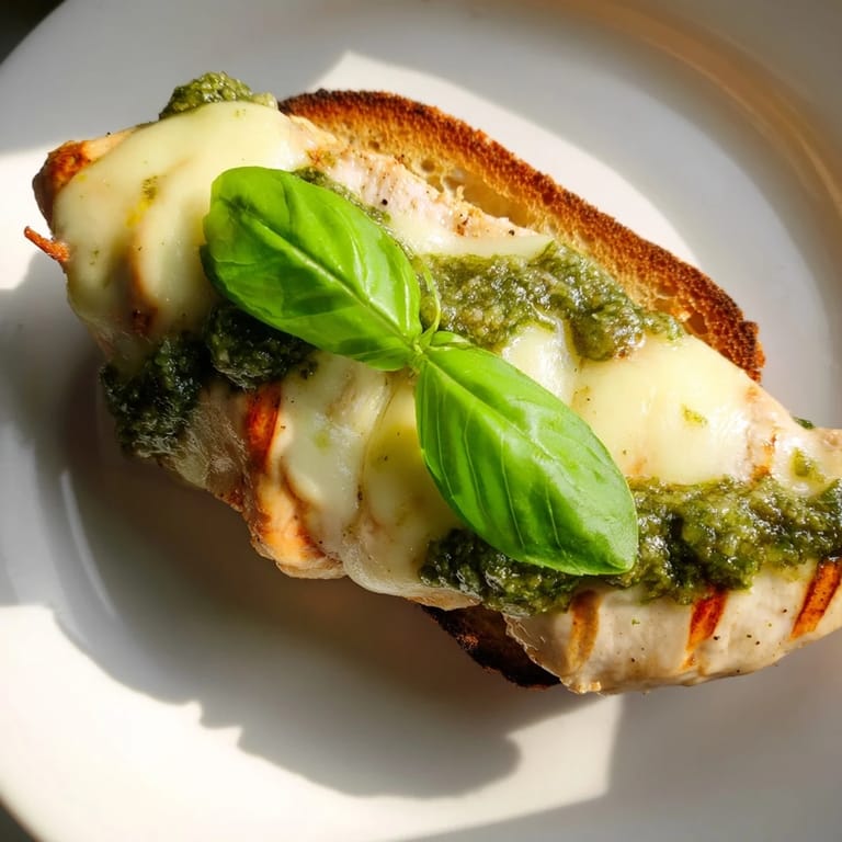 A warm Pesto Chicken Melt features golden ciabatta filled with herb-seasoned chicken, melted mozzarella, and fresh basil.