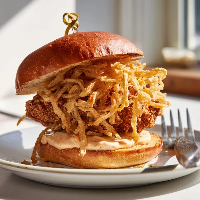 Homemade Crispy Onion Chicken Sandwich stacked with lettuce, golden fried chicken, and a generous layer of crispy onions on a brioche bun.