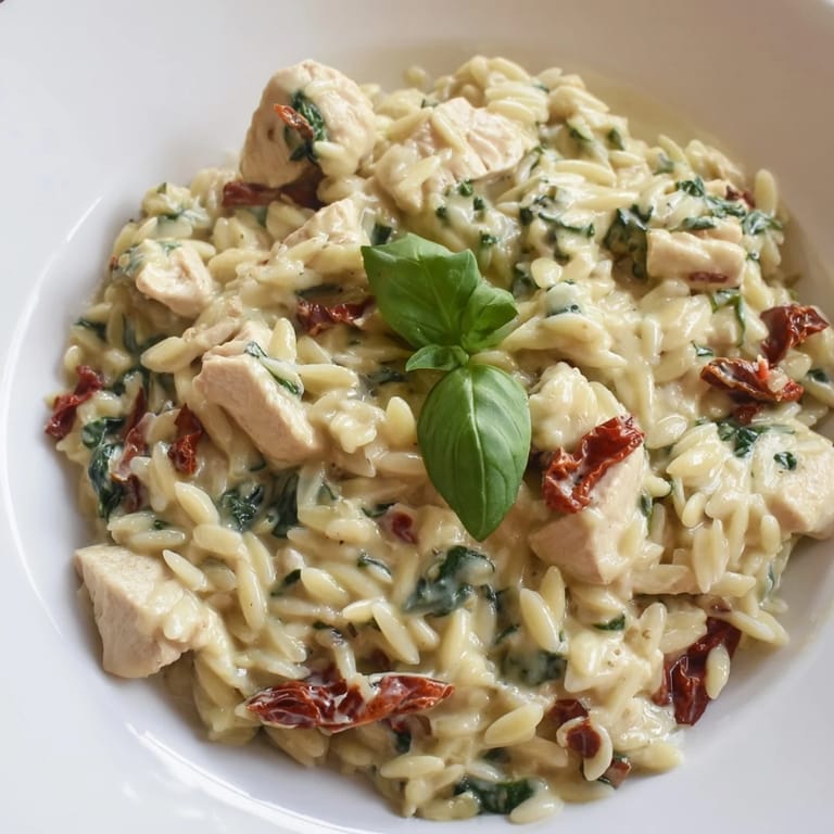 A serving of Tuscan Chicken Orzo garnished with fresh basil and a spoonful of Parmesan cheese.  