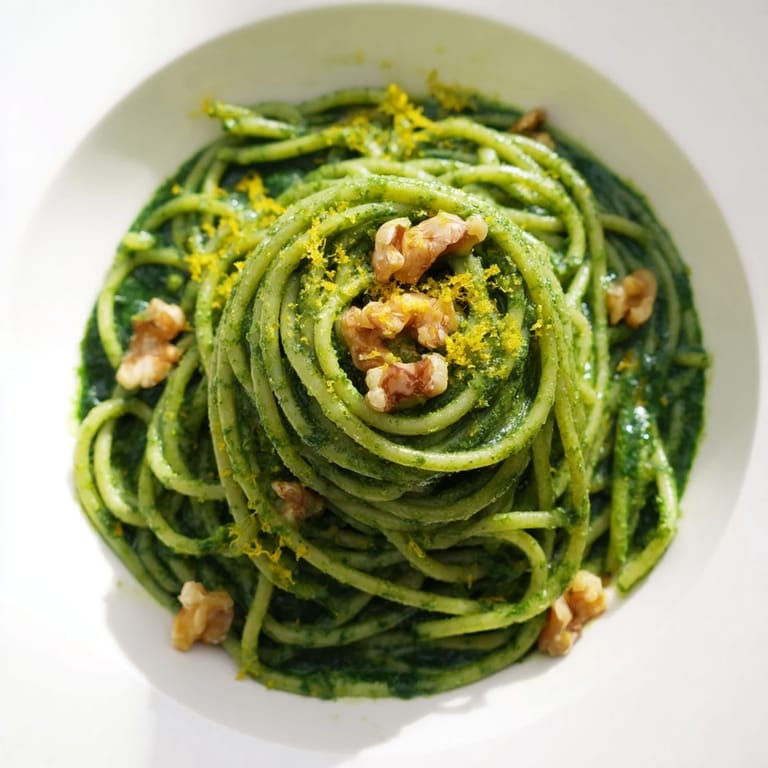 Steaming plate of creamy spinach walnut pasta with a bright, herbaceous sauce and toasted nut topping, ideal for a quick weeknight dinner.