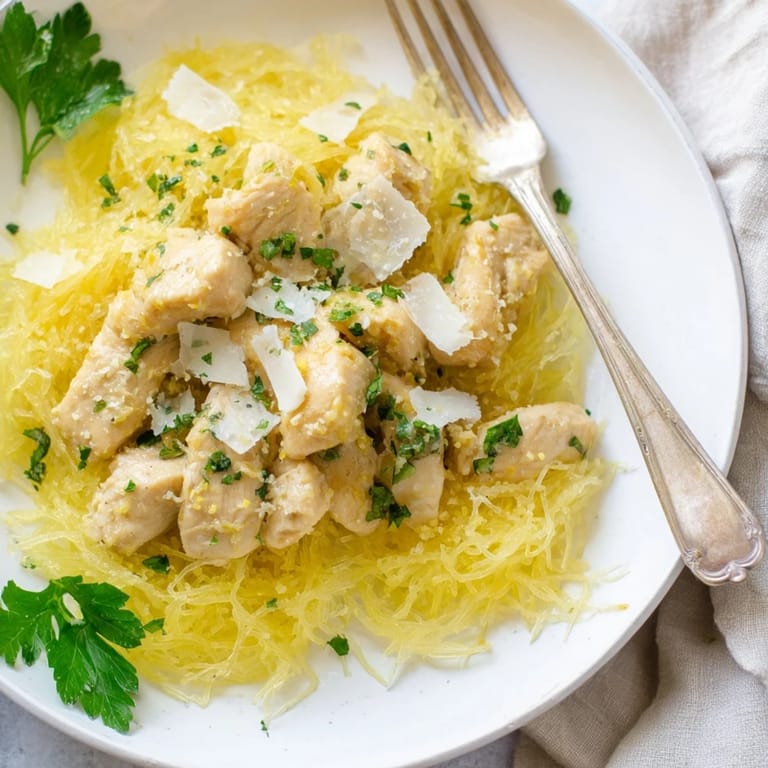 Golden-brown lemon garlic chicken pieces arranged over bright orange spaghetti squash, finished with Parmesan and lemon wedges.