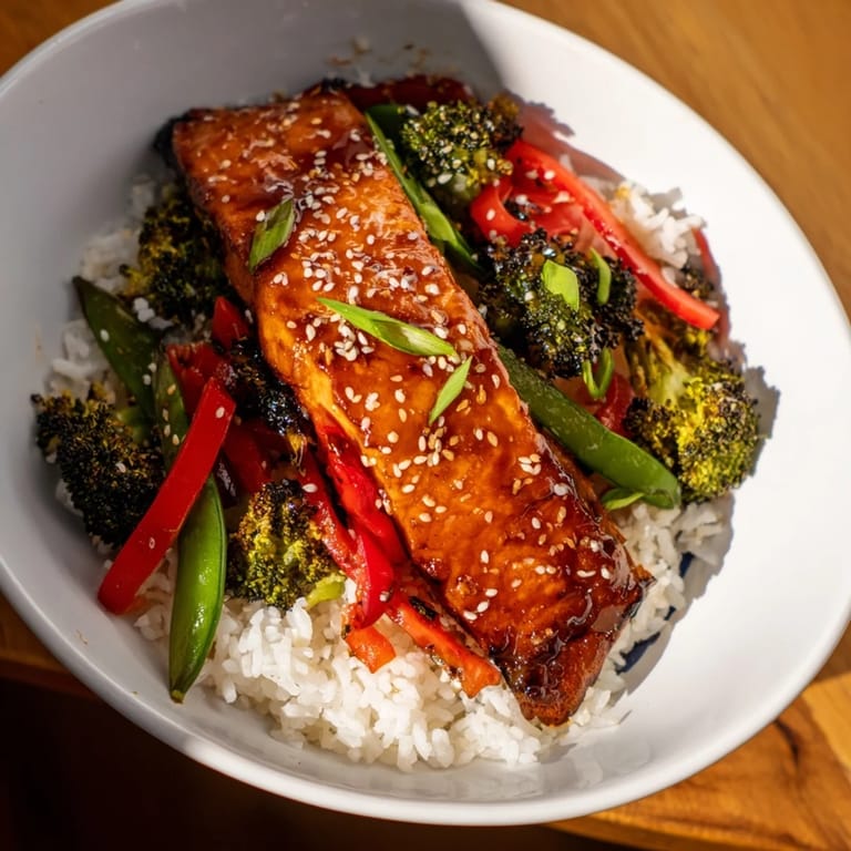 Golden-brown Maple Soy Glazed Salmon flaking easily, served over steamed vegetables with toasted sesame seeds.