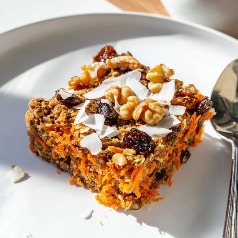 Freshly baked Carrot Cake Baked Oatmeal served warm with a dollop of creamy Greek yogurt.  