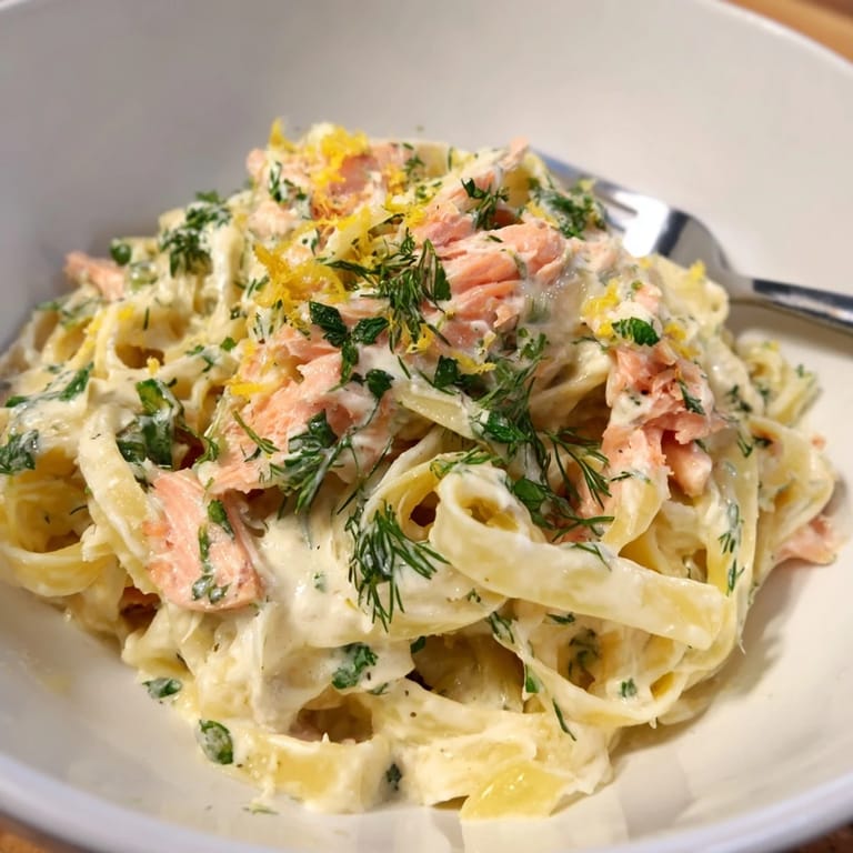 A close-up of creamy salmon pasta in a skillet, highlighting silky sauce, fresh herbs, and golden pasta strands.