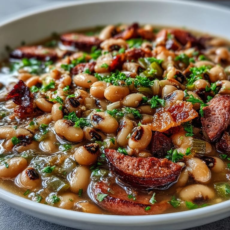 Close-up of a ladle pouring savory Southern-Style Black-Eyed Peas, revealing tender peas and chunks of Andouille sausage in the pot.