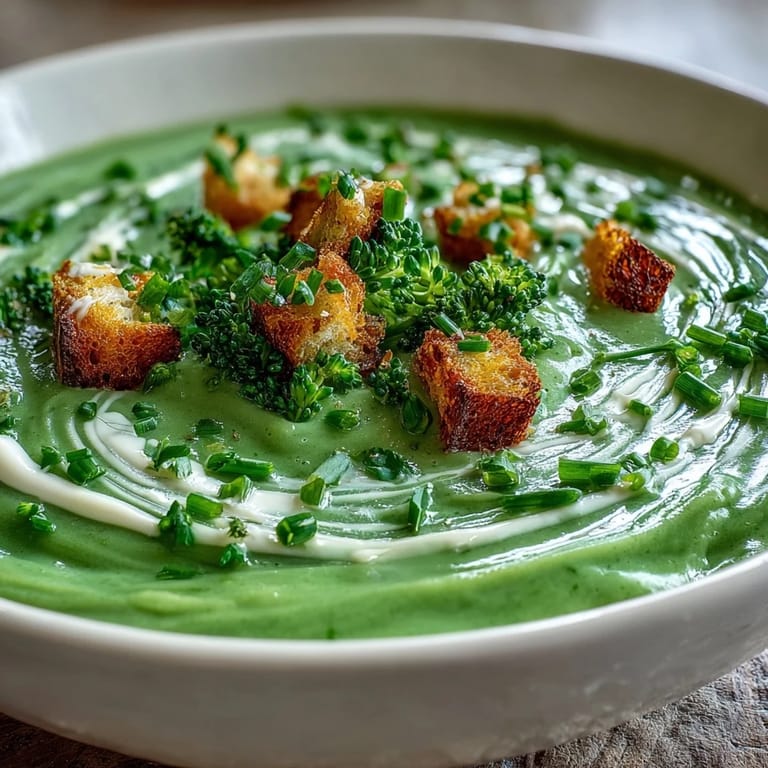Close-up of velvety Cream of Broccoli Soup topped with a swirl of cream, served with bread.