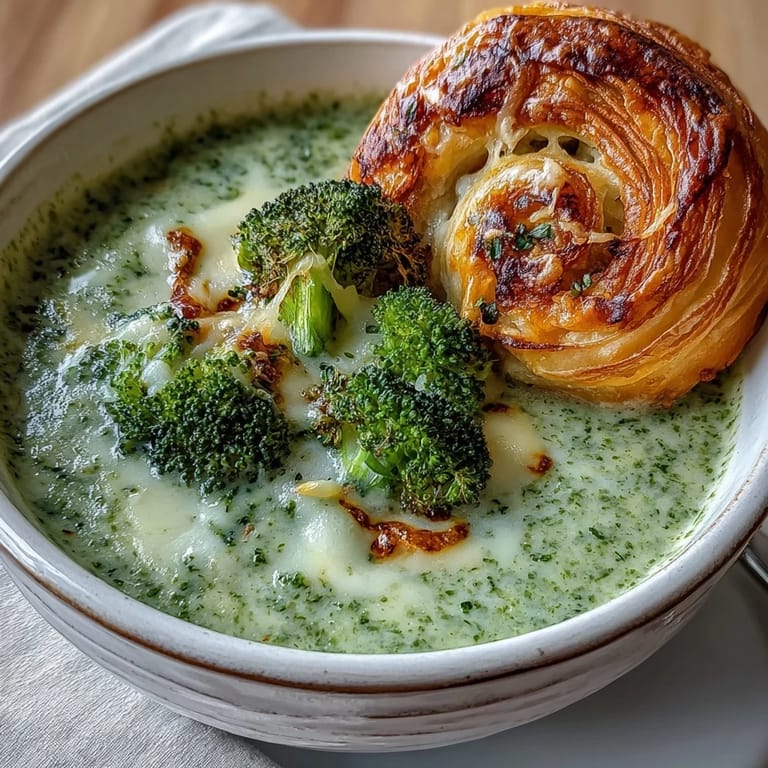 A warm brie and cheddar pastry rests next to a bowl of creamy broccoli and butternut squash soup, ready to be dipped.