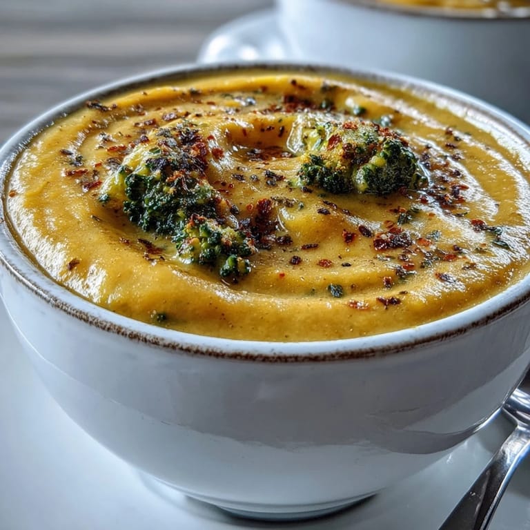 A bowl of velvety butternut squash broccoli cheddar soup pairs with crusty bread and a green salad.