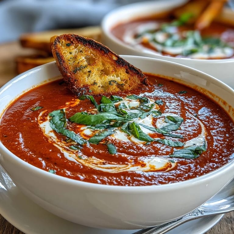 A steaming pot of Roasted Tomato Basil Soup next to toasted bread for dipping, served for lunch.