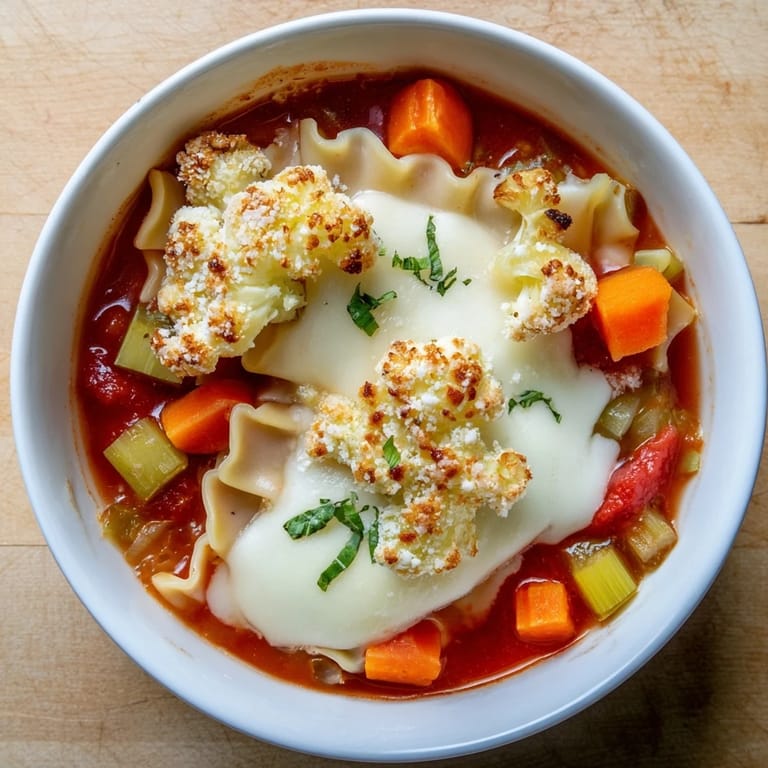 Savory lasagne soup garnished with golden, cheesy cauliflower croutons for extra flavor.