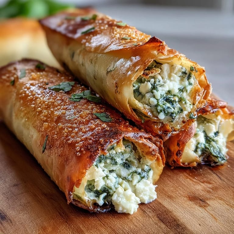 Crunchy Spanakopita Spring Rolls with golden wrappers, perfect for dipping into a cool, refreshing tzatziki sauce.