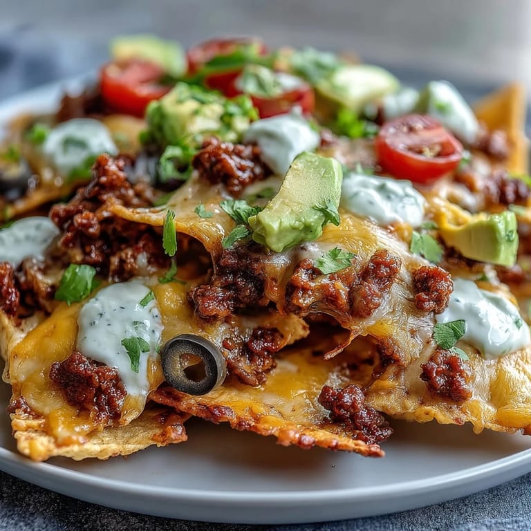 Melty cheddar and Monterey Jack melt over seasoned ground beef, olives, and jalapeños in this crowd-pleasing Baked Nachos.