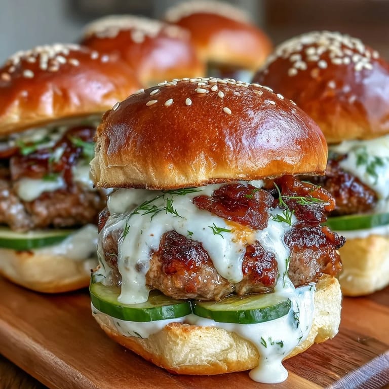 Freshly baked Touchdown Brat Sliders with toasted sesame buns and melted cheddar cheese sauce dripping down.
