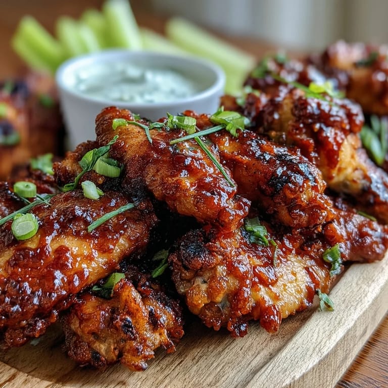 Juicy fried chicken wings tossed in smoky BBQ sauce, arranged on parchment paper with blue cheese dip and celery.