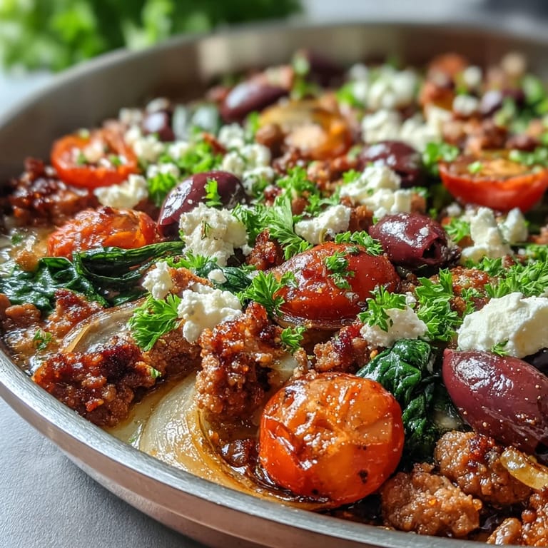 A colorful Mediterranean Keto Ground Chicken Skillet with Olives and Feta served alongside a fresh green salad.