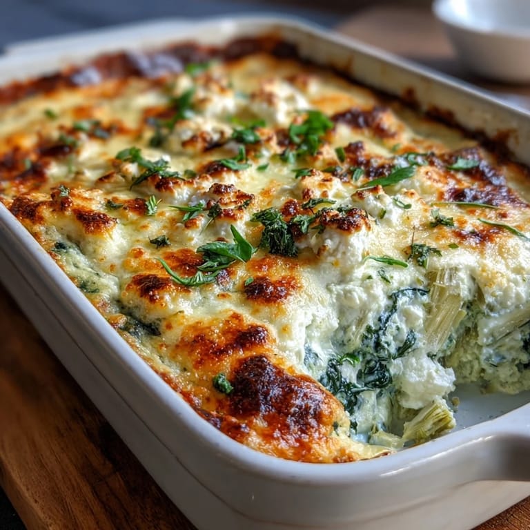 Freshly baked High Protein Spinach Artichoke Bake in a ceramic dish, steaming slightly next to a rustic bread slice.