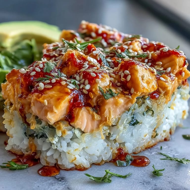 A close-up of layered Spicy Salmon Sushi Bake, showcasing seasoned rice, creamy spicy salmon, and a drizzle of sriracha mayo.
