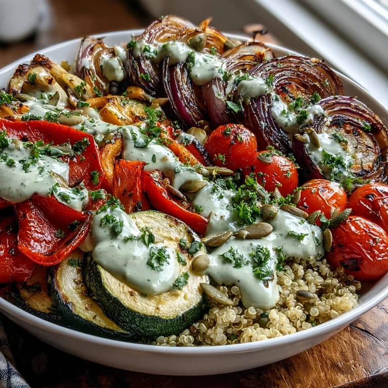 A finished Roasted Vegetable Quinoa Bowl with fluffy quinoa, roasted vegetables, and a drizzle of creamy tahini sauce.
