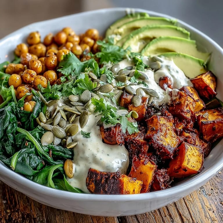 Golden roasted sweet potato and chickpea bowl with crispy edges and toasted pumpkin seeds