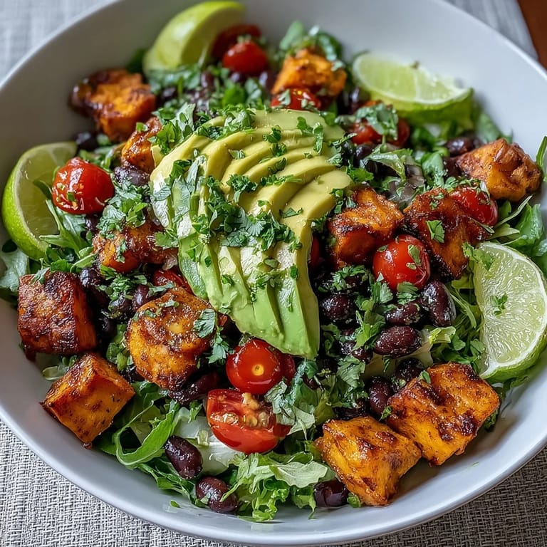 Roasted Sweet Potato and Black Bean Bowl topped with avocado, tomatoes, and zesty lime dressing.