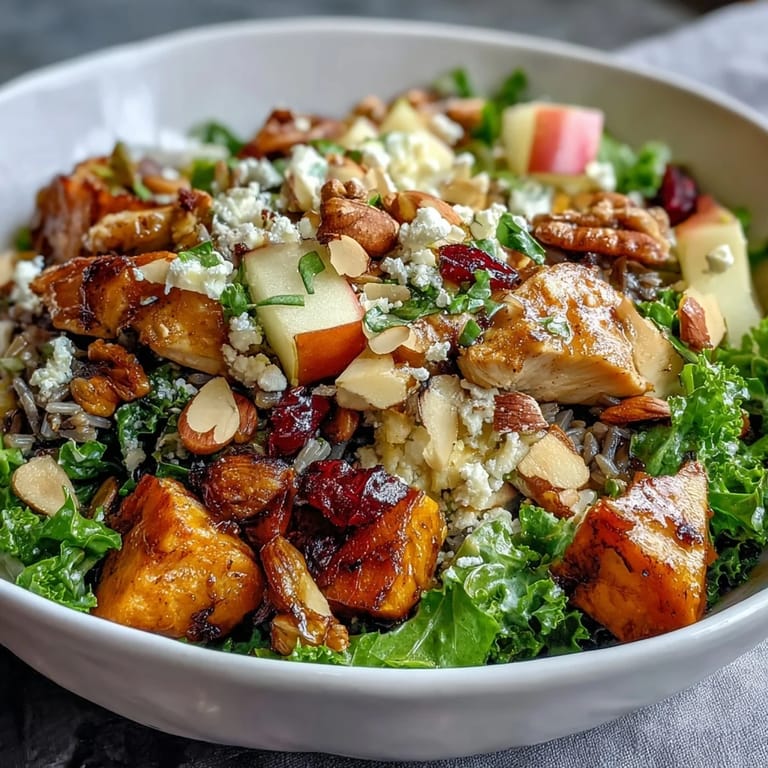 Vibrant Harvest Bowl of kale, wild rice, sweet potatoes, and sliced almonds, served fresh in a rustic bowl.