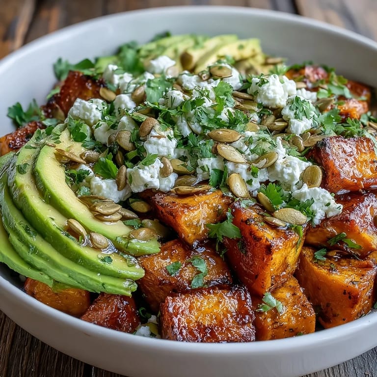 Roasted sweet potatoes, cottage cheese, and avocado in a Hot Honey Sweet Potato Bowl, drizzled with spicy honey.