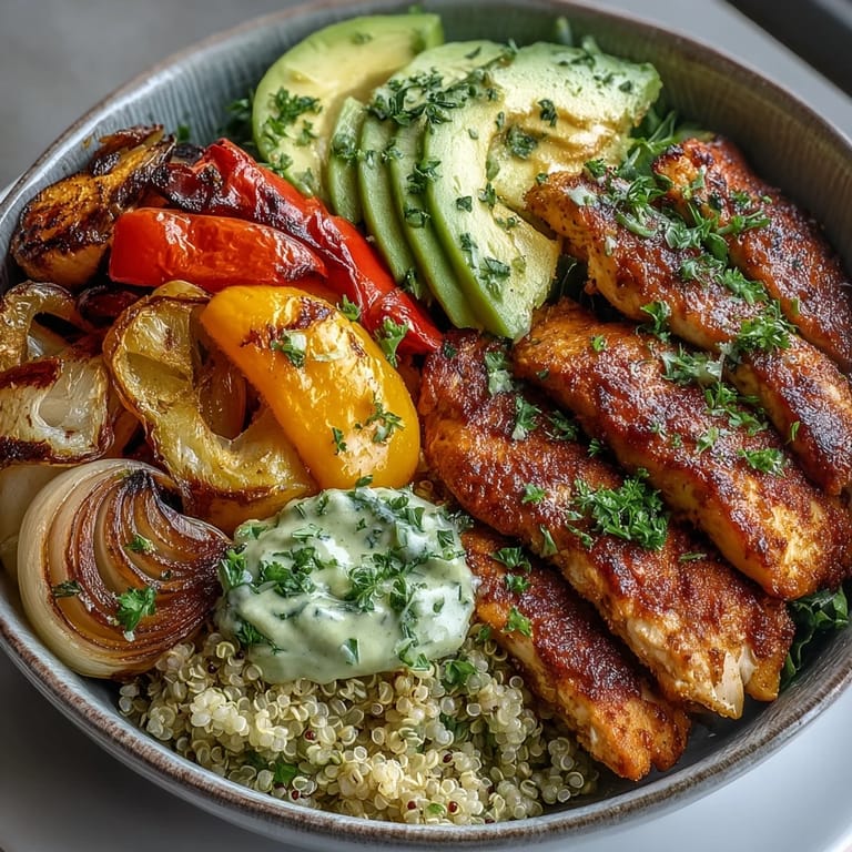 A finished Paprika Roasted Vegetable Quinoa Bowl garnished with fresh parsley, sliced avocado, and a bright lemony salad.