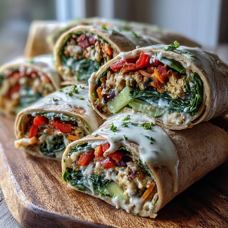 Freshly rolled Black-Eyed Pea Wraps cut in half to reveal layers of brown rice, julienned carrots, and red bell peppers. Perfect for an easy, nutritious vegan lunch.
