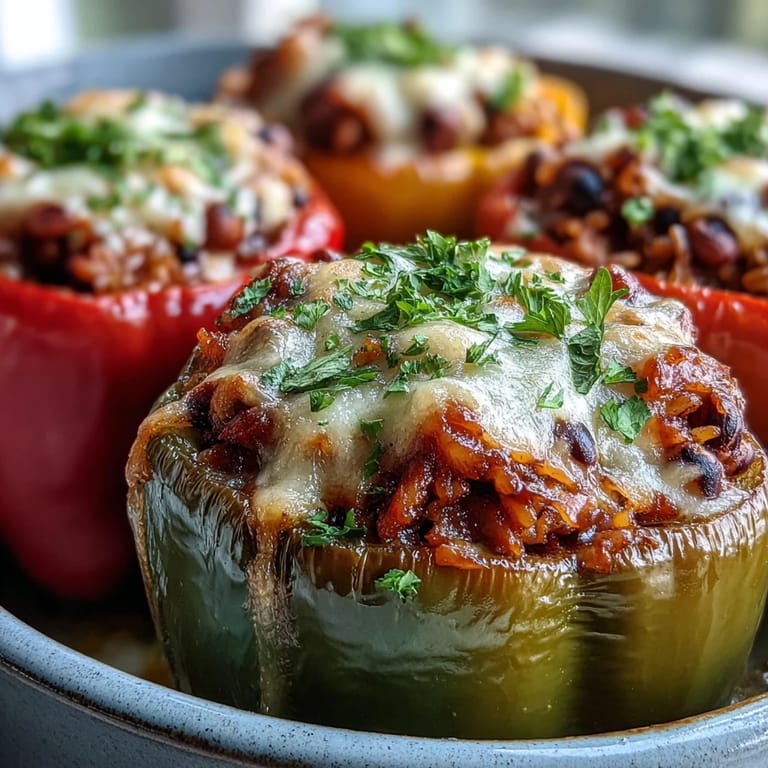 Freshly roasted Black-Eyed Pea Stuffed Peppers revealing a savory filling of rice, peas, and aromatic herbs.