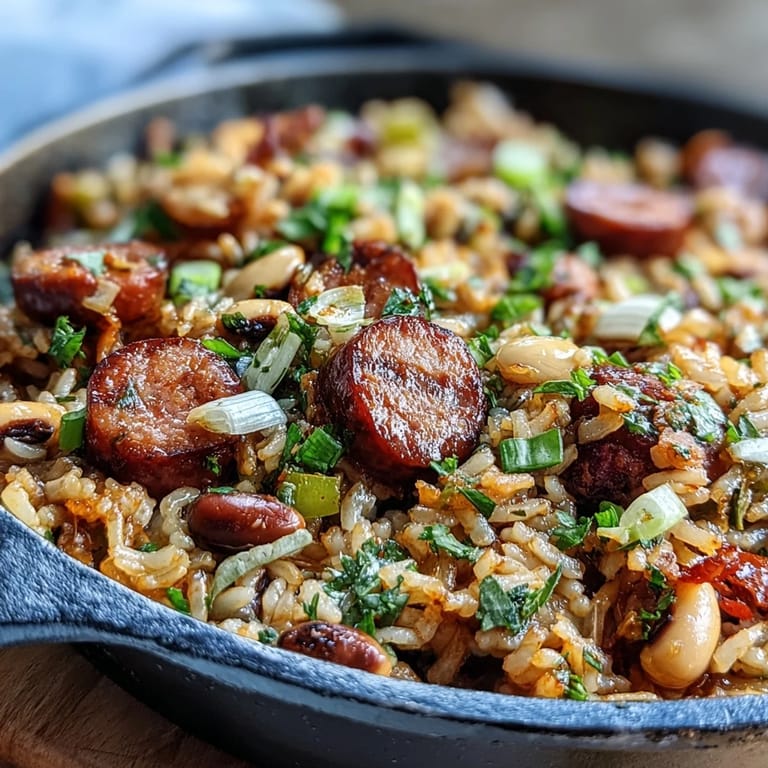A hearty bowl of Black-Eyed Pea Jambalaya garnished with fresh parsley and green onions, ready to serve.