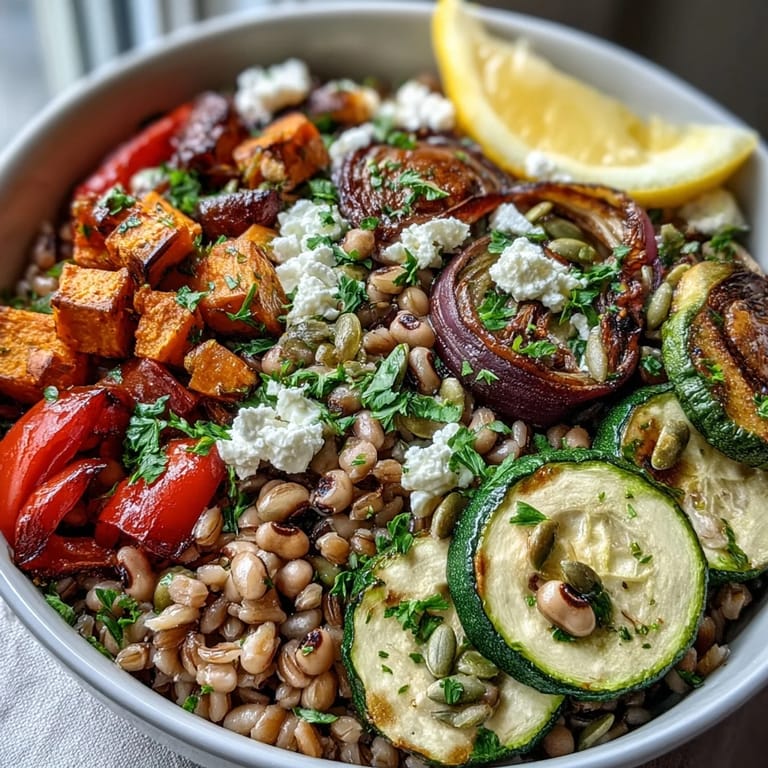 Wholesome Black-Eyed Pea Grain Bowl served with farro, veggies, and feta in a bright, airy kitchen.