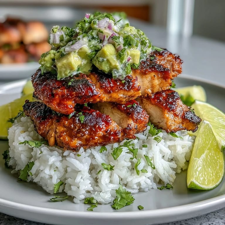 Close-up view of juicy honey lime marinated chicken resting on a bed of fragrant jasmine rice and creamy avocado mix.