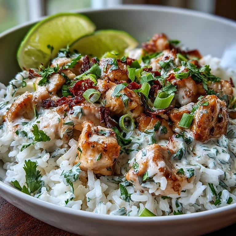 Steaming bowl of Coconut Chicken Rice Bowl featuring golden chicken, luscious coconut sauce, and bright lime, ready for a quick weeknight dinner.