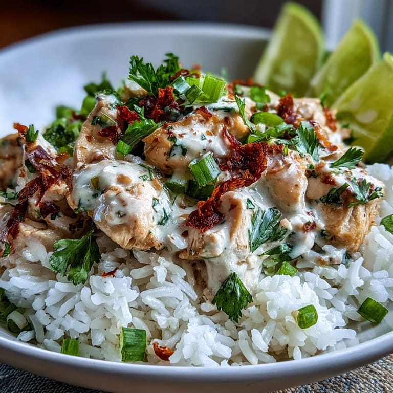 Vibrant Coconut Chicken Rice Bowl served with jasmine rice, sliced green onions, and cilantro, drizzled with savory, dairy-free coconut sauce.