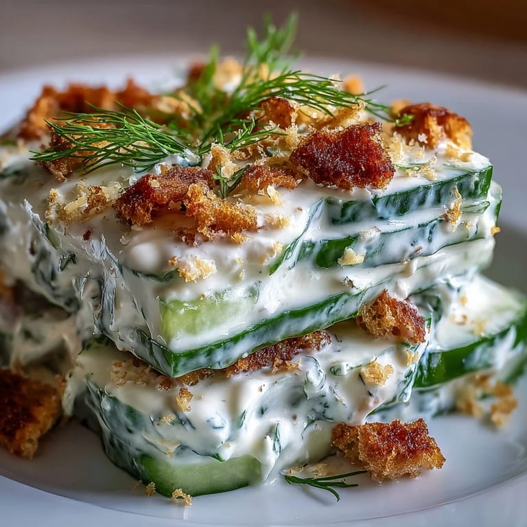 Light and refreshing Cucumber Caesar Salad with creamy dressing, croutons, and Parmesan, served on a rustic plate.