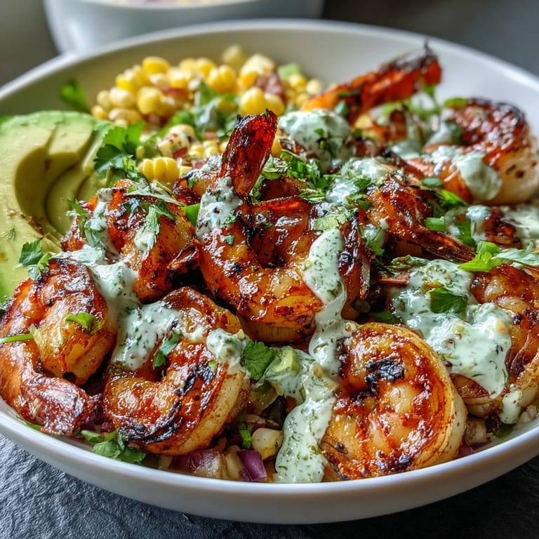 Grilled Shrimp Bowl with Avocado, Corn Salsa & Creamy Garlic Sauce drizzled over fluffy rice.
